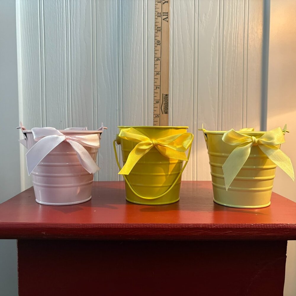 Lot of three pastel pails with ribbons for your Easter or spring decorating